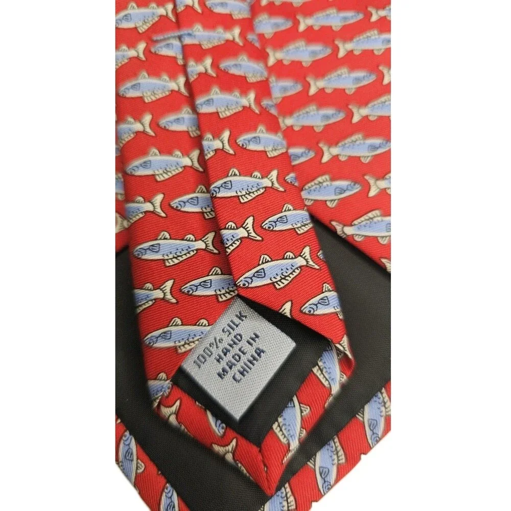 Sero New England Classics Red Fish Print Silk Tie Sardine Novelty Necktie